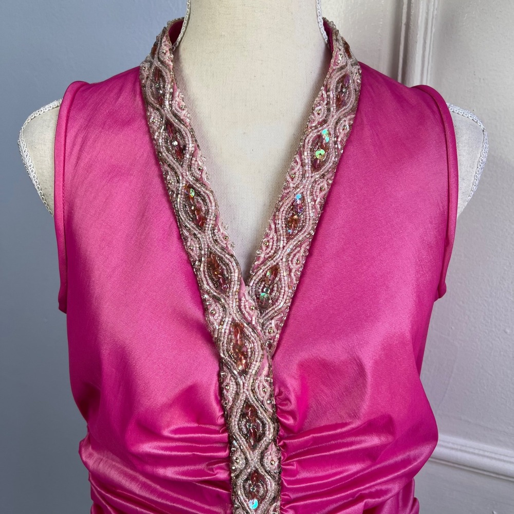 Y2K Vintage TADASHI Top Ruched Beaded Sequins Metallic Hot Pink Women's Size 12 - Picture 2 of 9